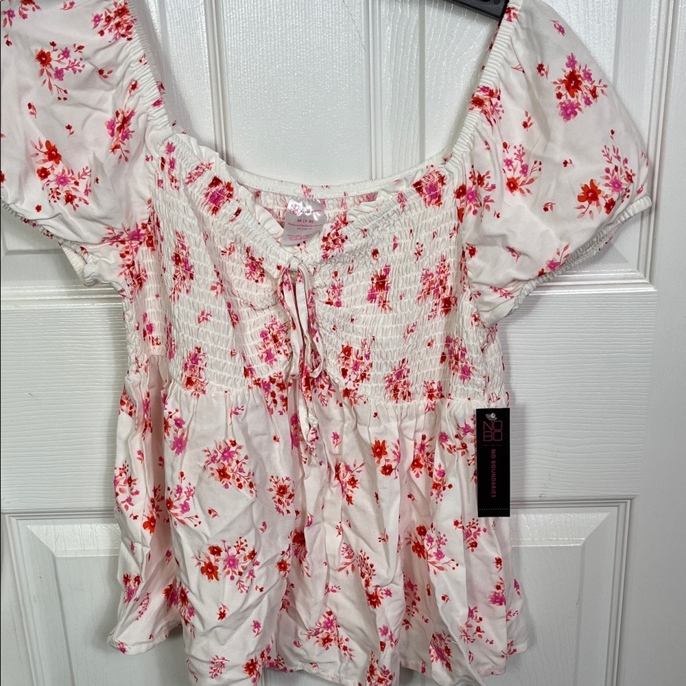 NOBO Smocked Floral Peasant Puff Sleeve Cottagecore Boho Top White Pink Red M